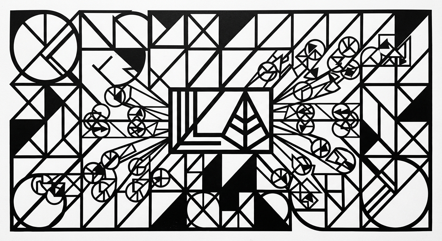 Bauhaus-inspired composition with sharp black and white geometric lines representing industrial precision and verification