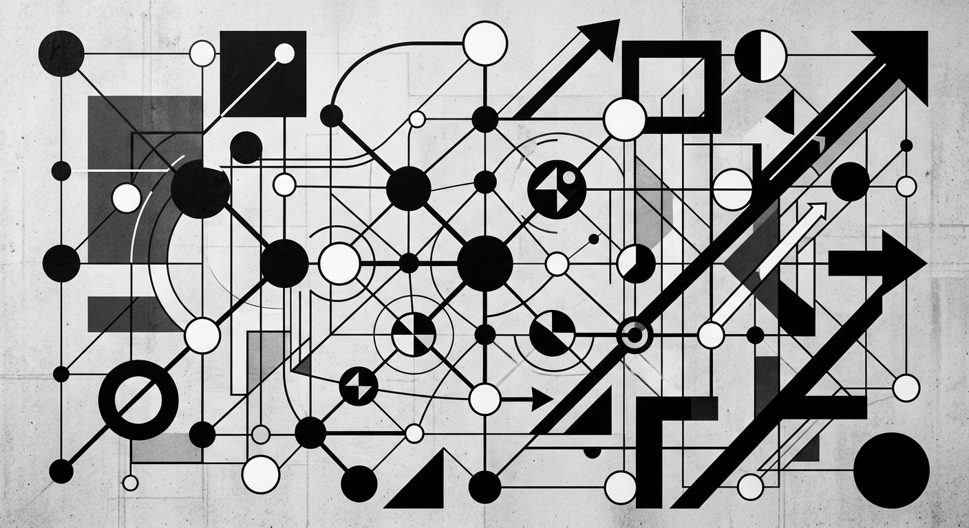 Bauhaus geometric composition showing a complex, layered network of interconnected nodes and lines representing a sophisticated AI agent fleet