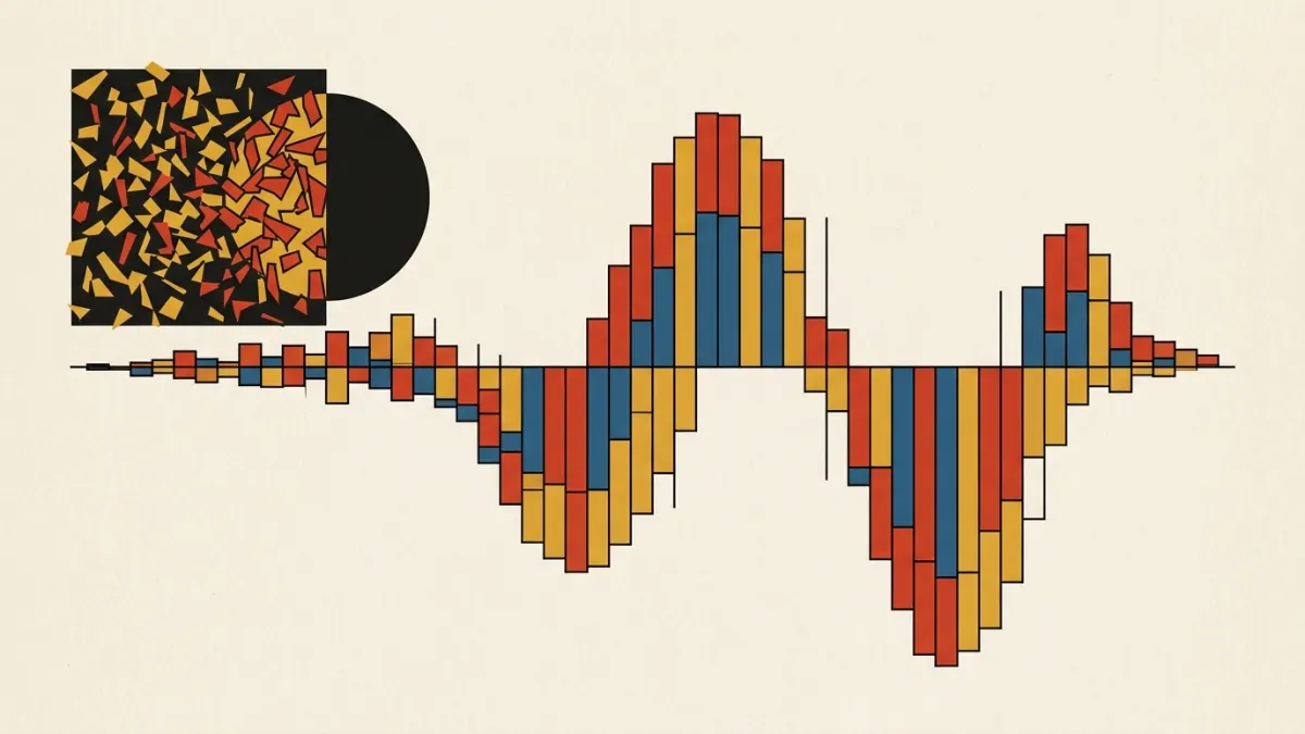 Bauhaus geometric composition contrasting a structured operator signal against abstract noise