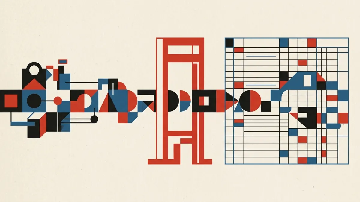 Bauhaus geometric composition showing agent activity passing through a red approval checkpoint gate into a structured audit ledger