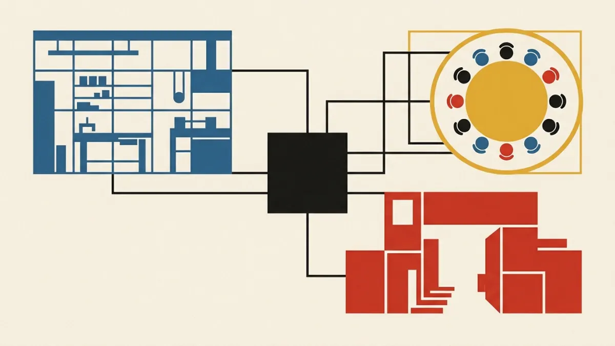 Bauhaus geometric composition showing a central black square hub connecting via orthogonal lines to a blue workshop grid, a red threshold gate, and a yellow circular boardroom table