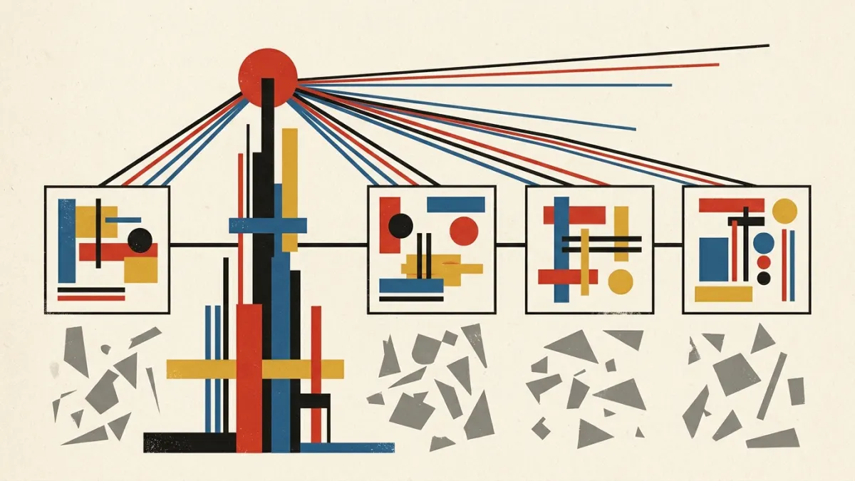 Bauhaus geometric composition showing a broadcast tower projecting structured signal lines into reference frames above scattered fragments